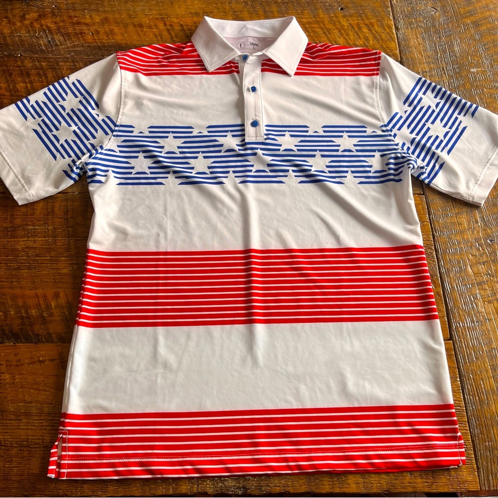 Men's Red, White, and Blue Striped Polo Shirt